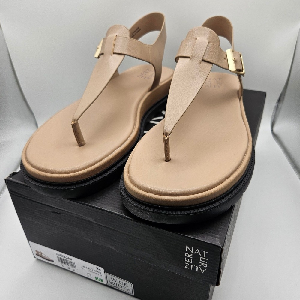 Naturalizer Alyssa Tan T-Strap Buckle Sandals Womens 11W Wide Flat J3320S1200 - Picture 6 of 7